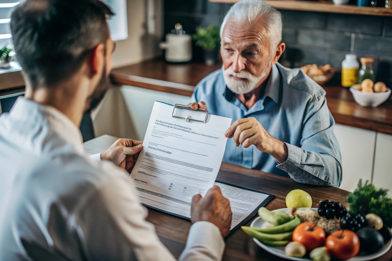 Consulta de nutrição com exames sobre a mesa