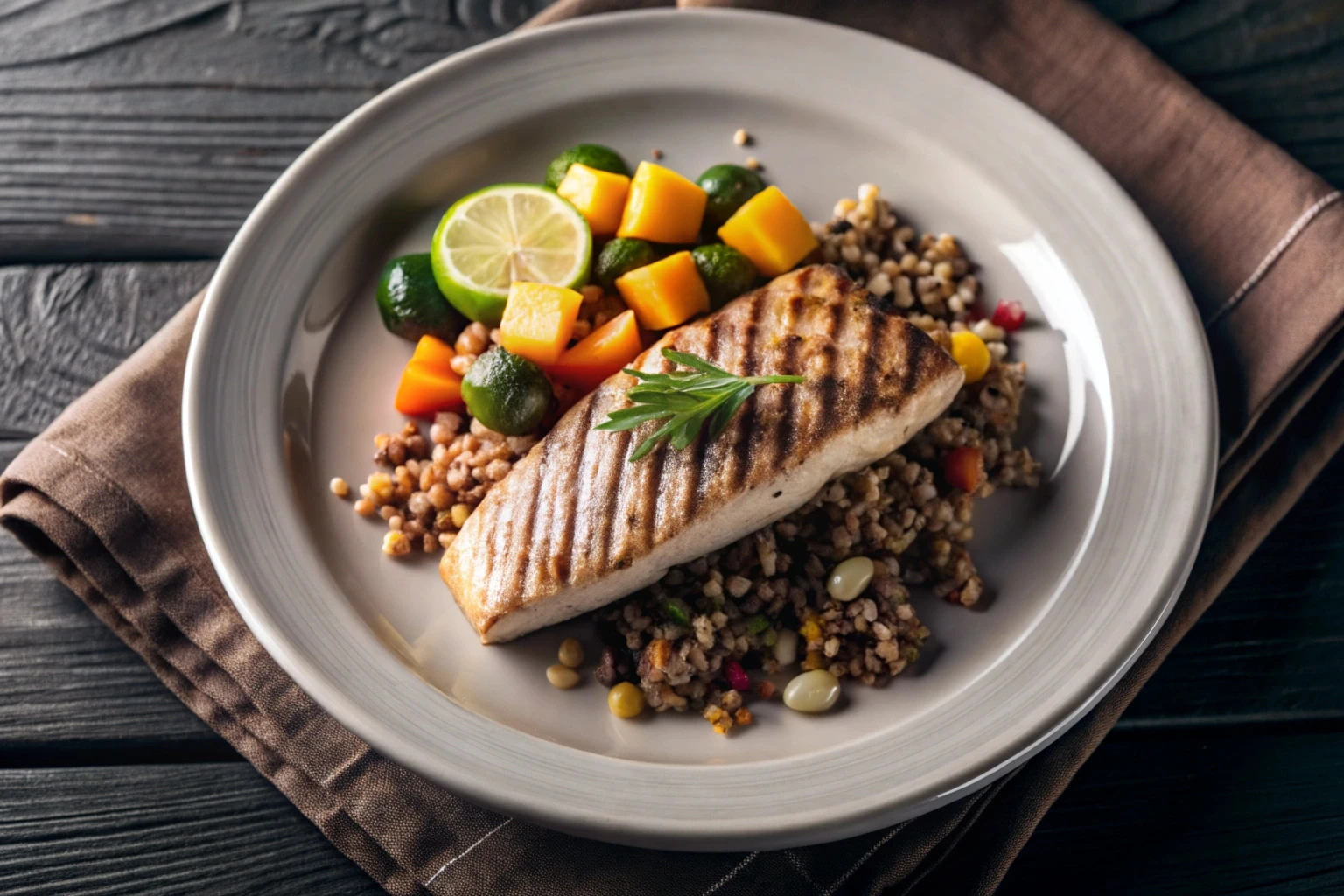 Prato caseiro com peixe, legumes e grãos