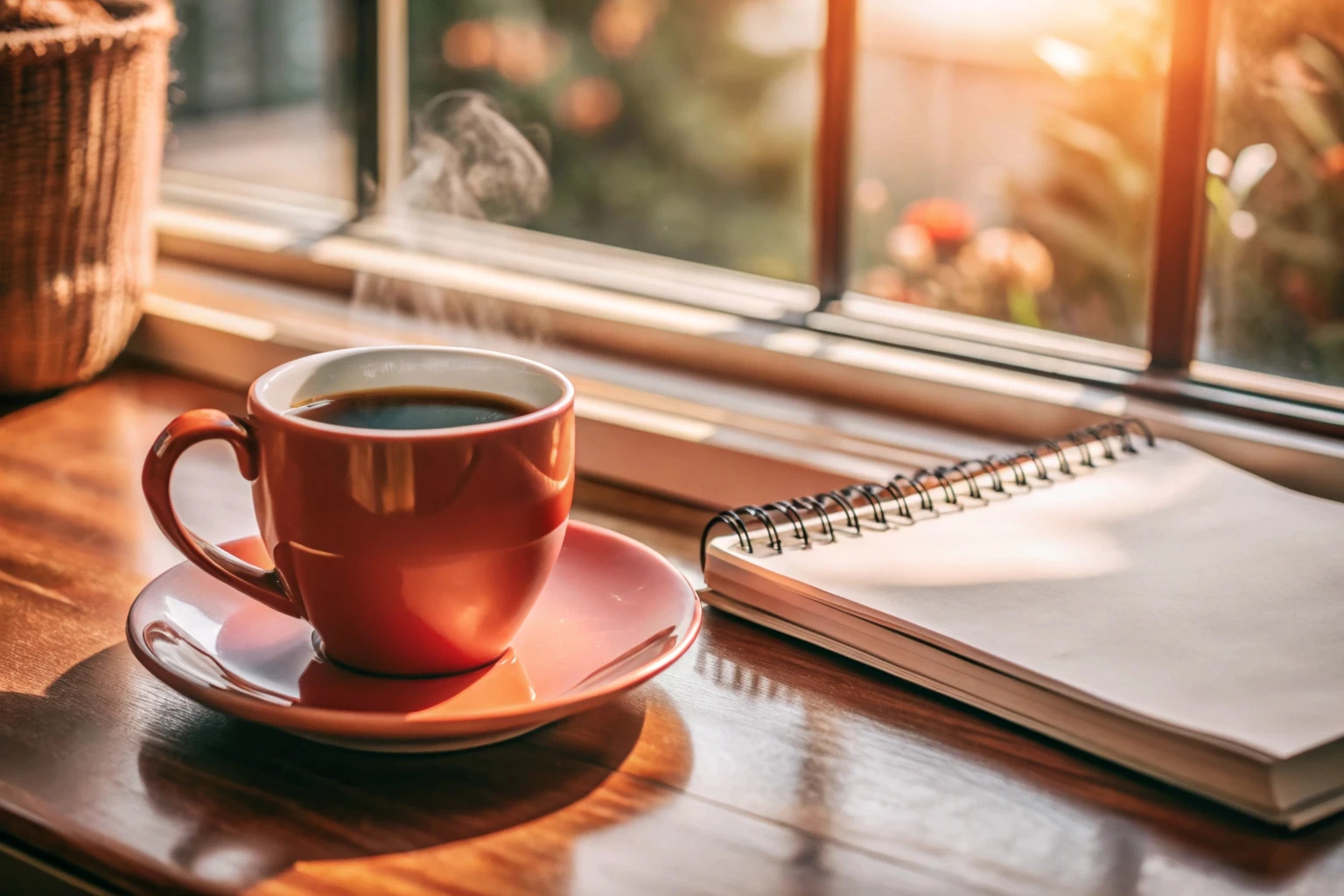 Xícara de café e caderno em ambiente tranquilo