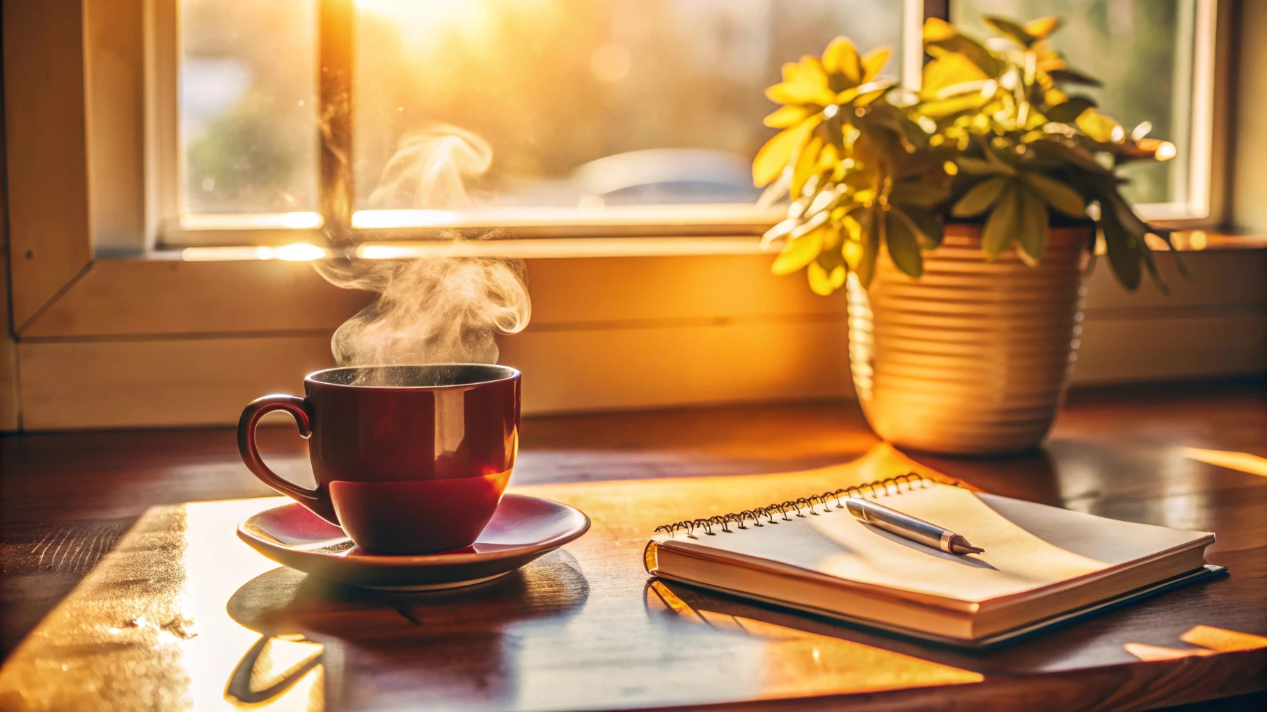 Xicara de cafe e caderno em ambiente tranquilo junto a janela