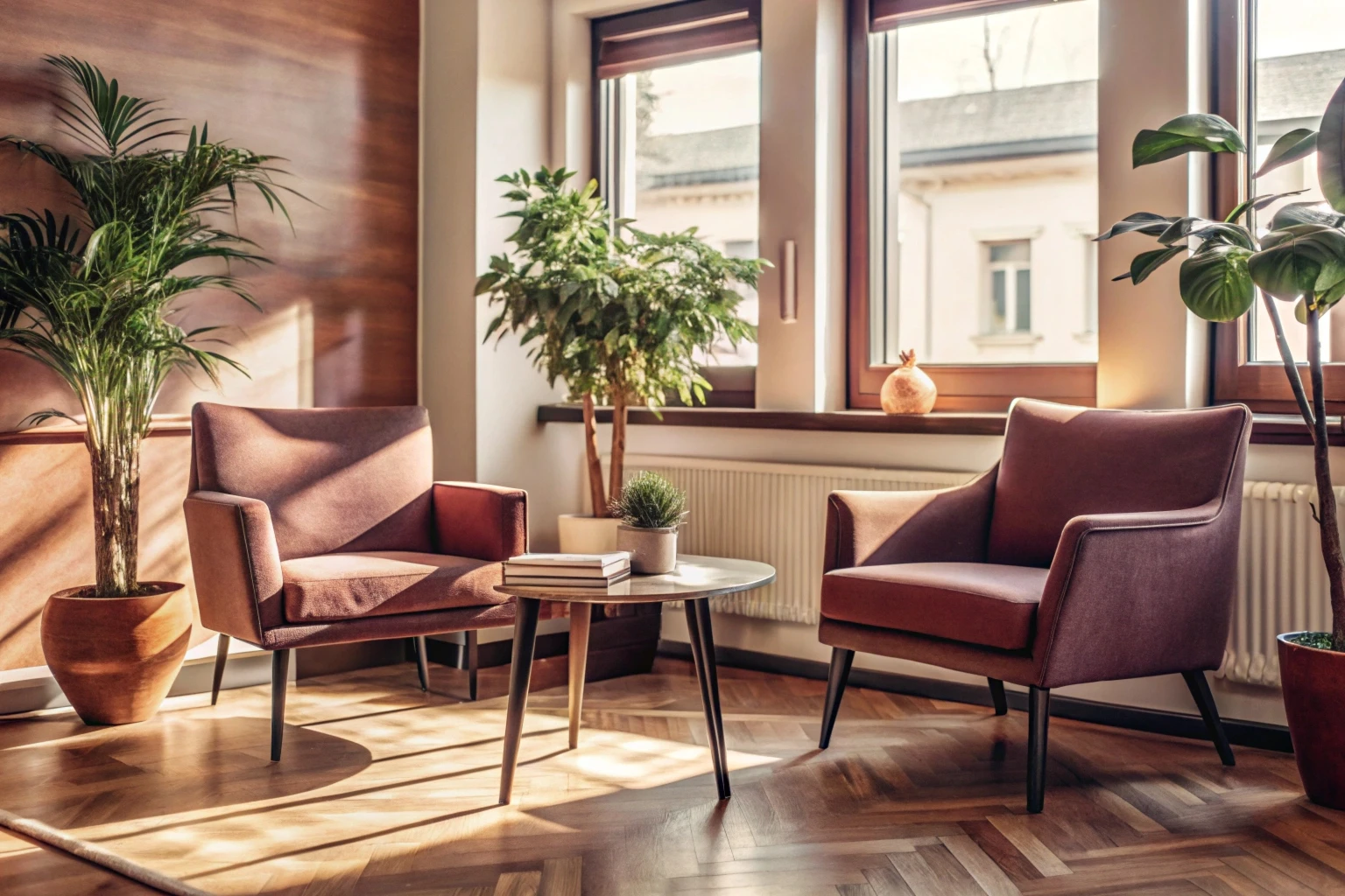 Sala de espera do consultório com poltronas e planta