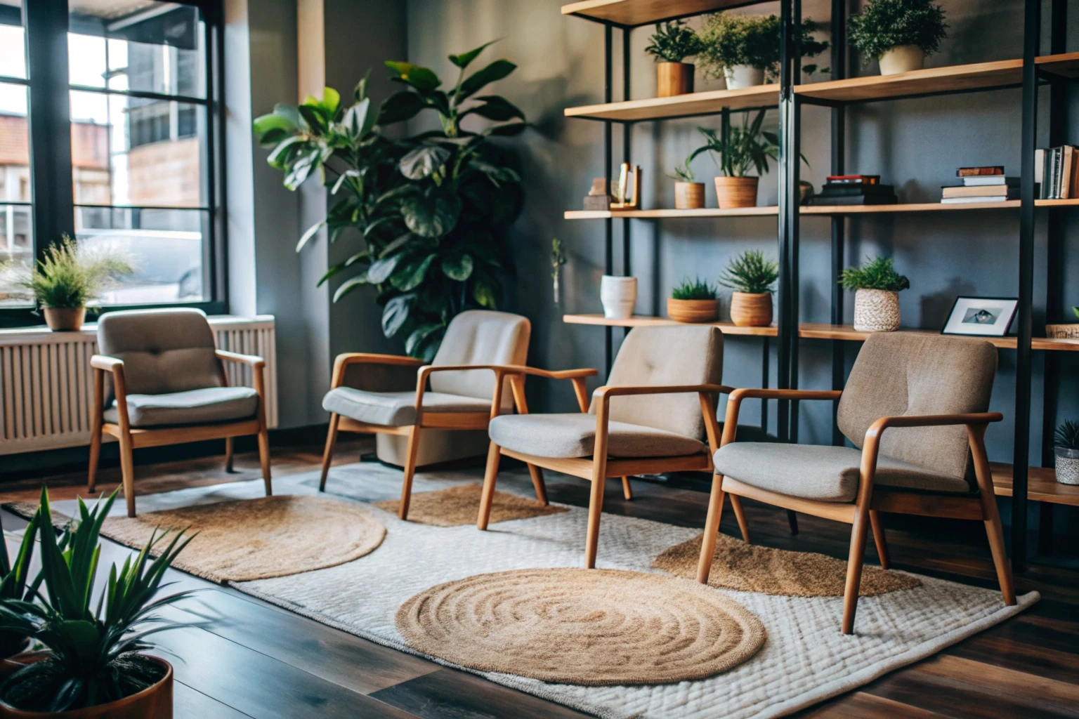 Sala de espera do consultório com poltronas claras