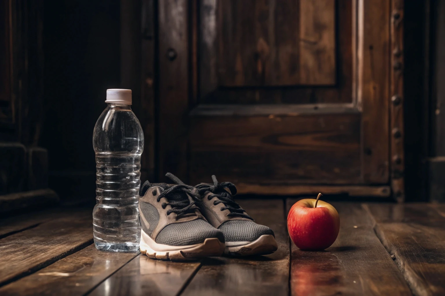 Garrafa de água e fruta ao lado do tênis de corrida