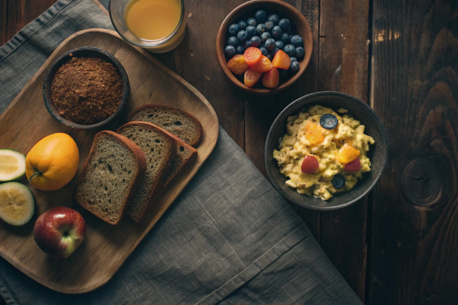 Refeição pós-treino com ovos, pão e fruta sobre a mesa