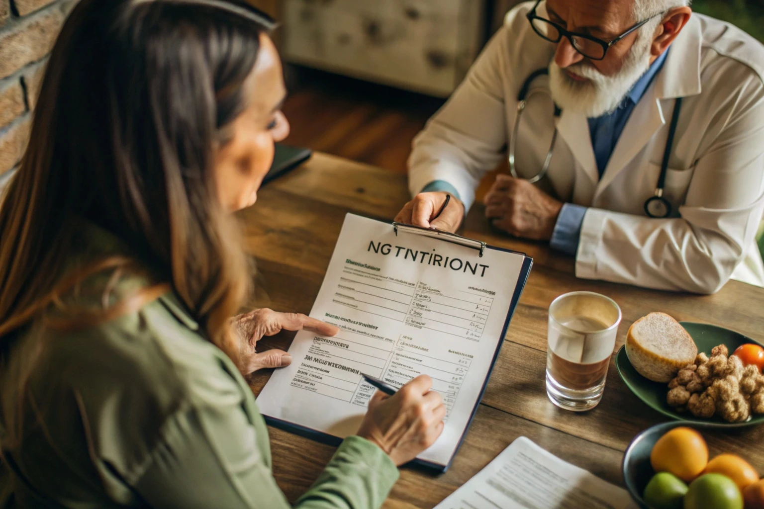 Consulta de nutrição com exames sobre a mesa