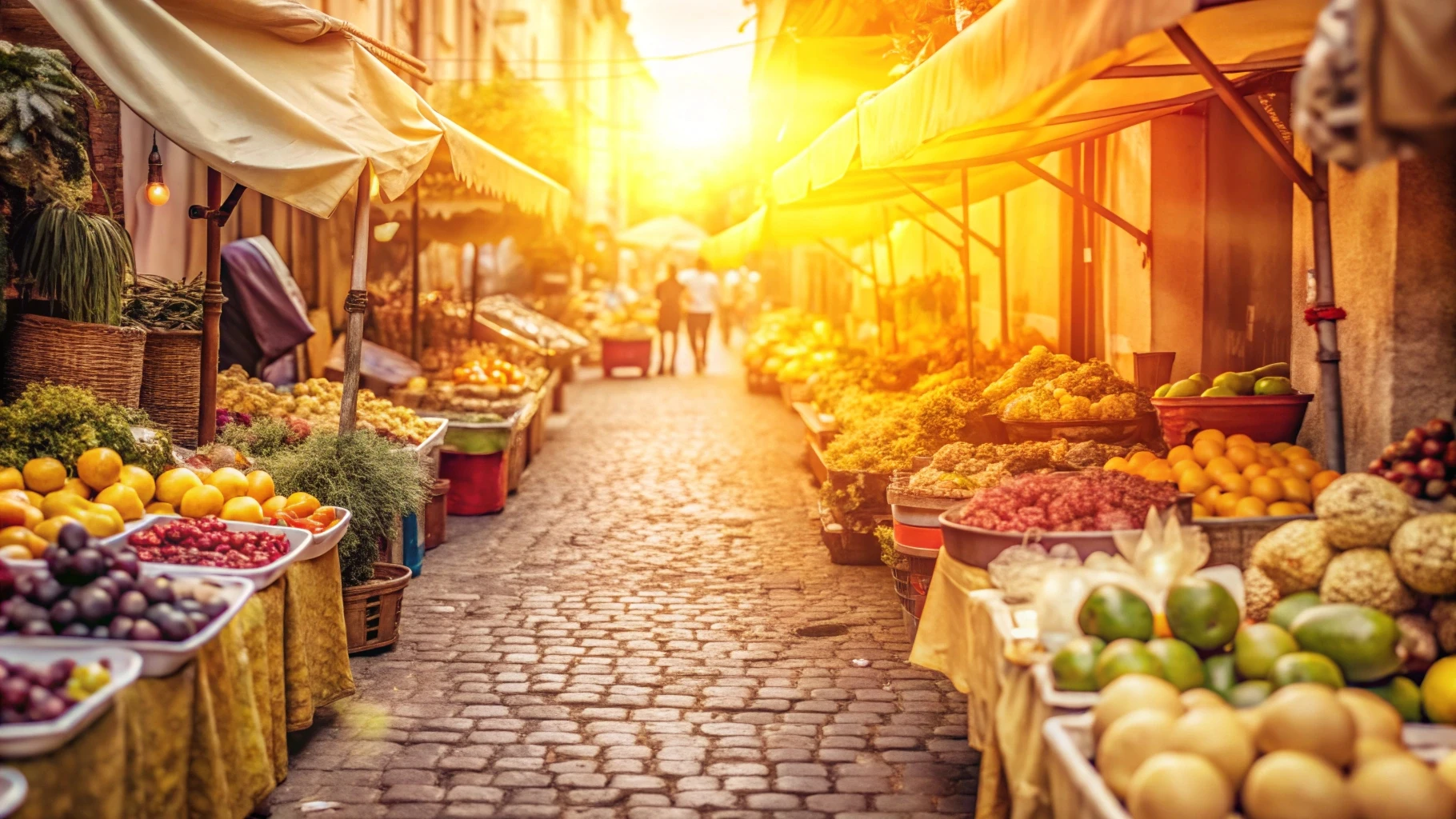 Feira de rua com bancas de frutas e verduras pela manhã