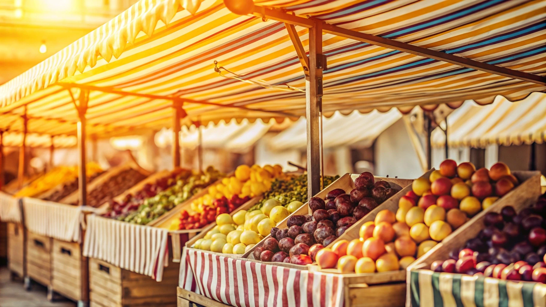Banca de feira com frutas e verduras pela manhã