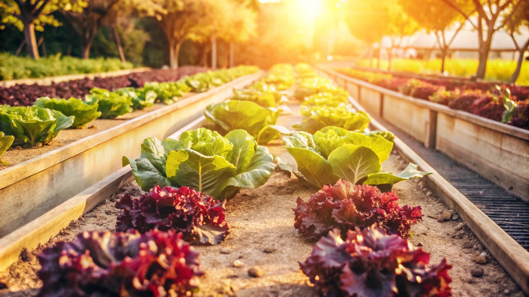 Horta urbana com canteiros de verduras pela manhã