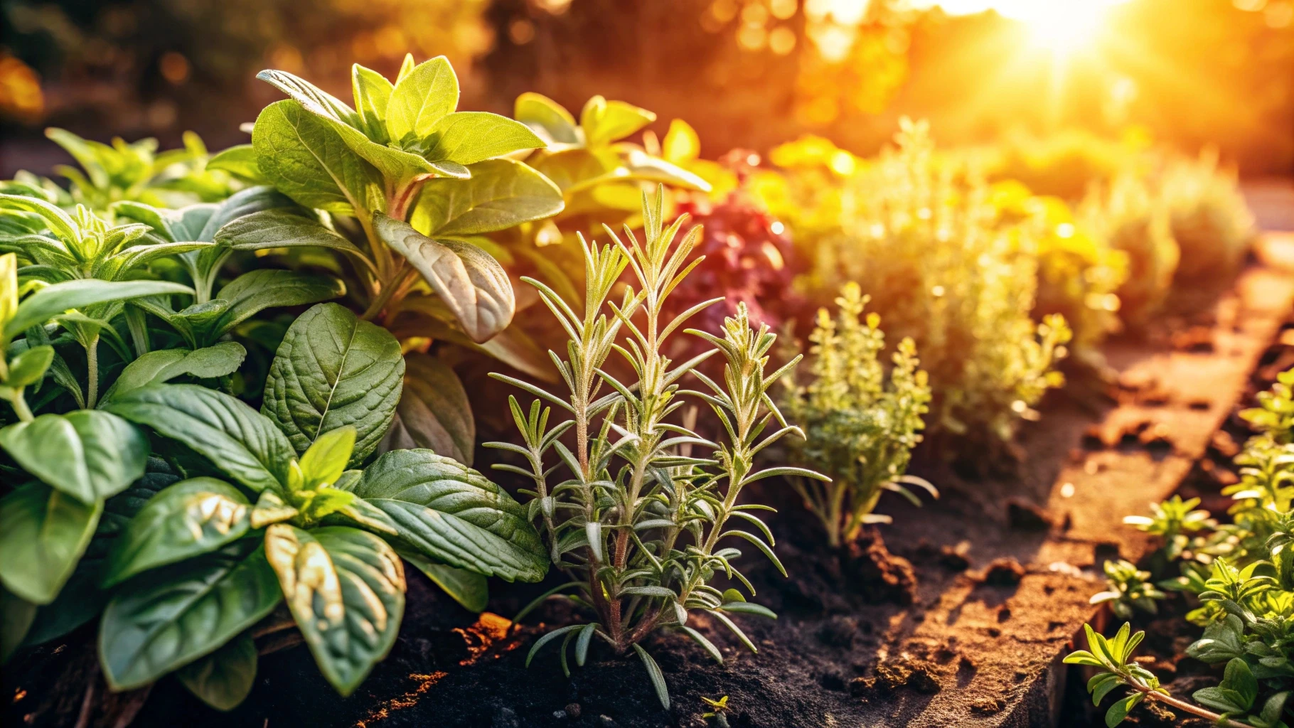 Horta com canteiros de temperos e verduras pela manhã