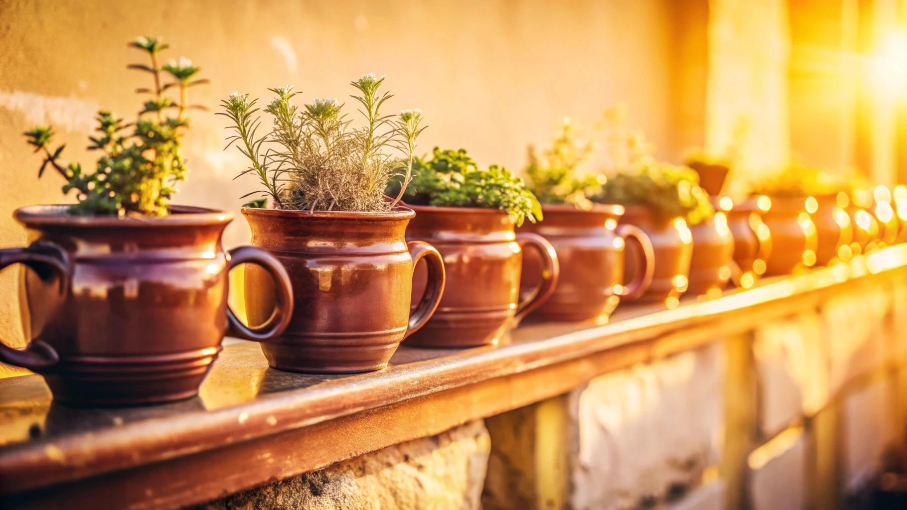 Horta de temperos em vasos de barro ao sol da manhã