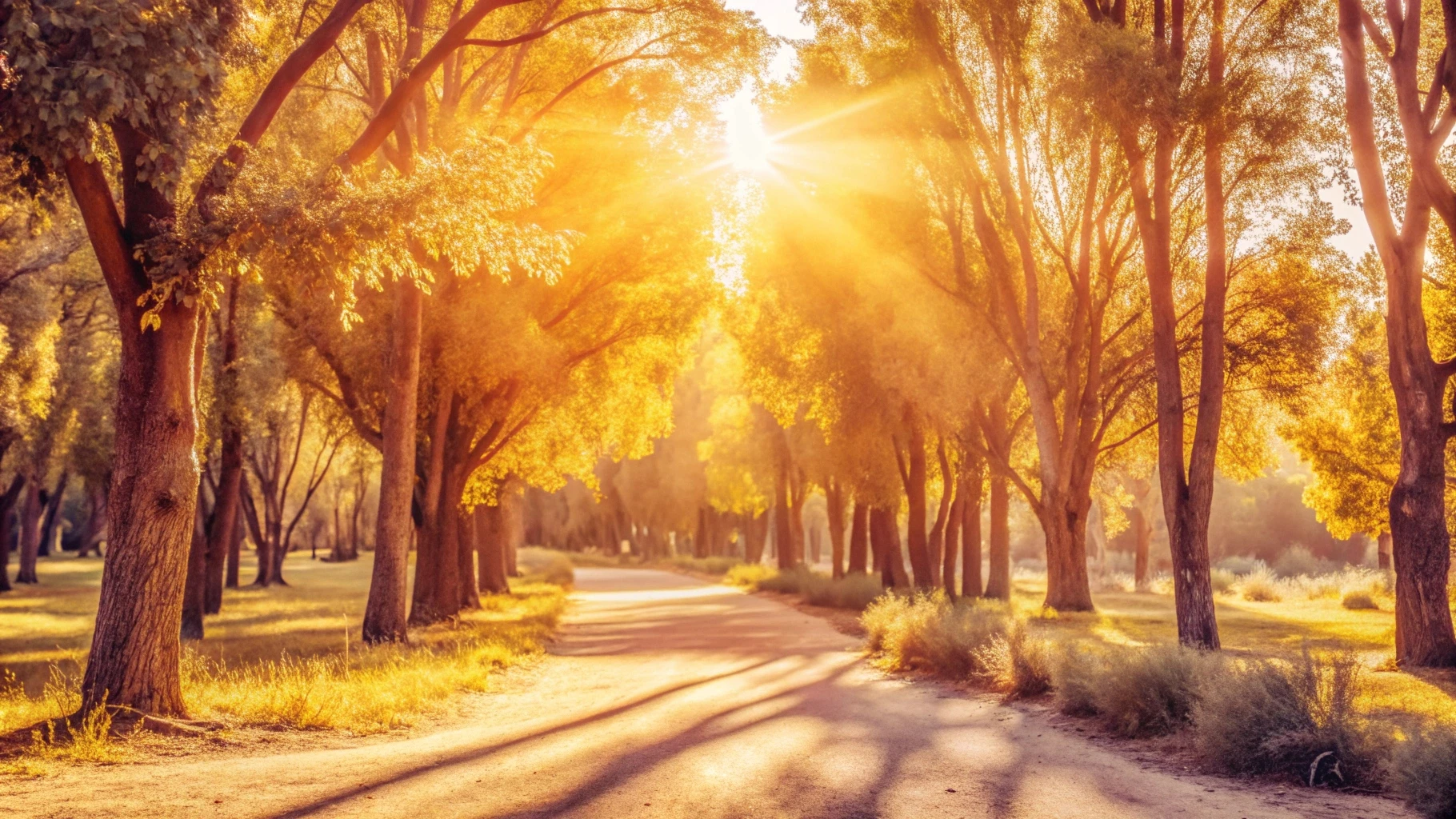 Parque com caminho arborizado no começo do dia