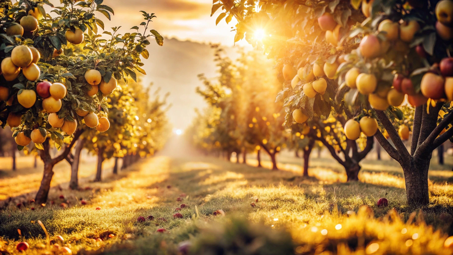 Pomar com árvores frutíferas na luz da manhã