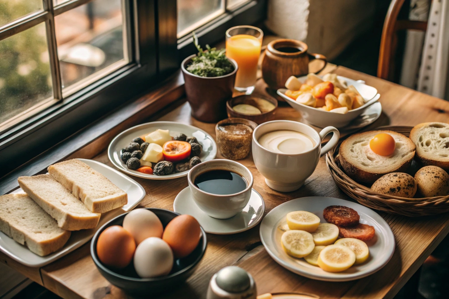 Mesa de café da manhã com frutas, pão e ovos