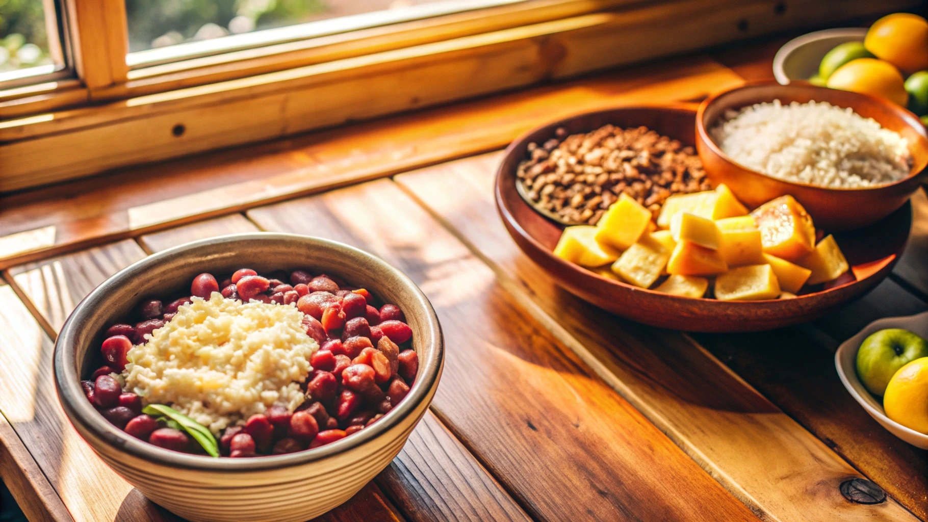 Mesa de refeicao caseira com legumes, graos e frutas em louca simples