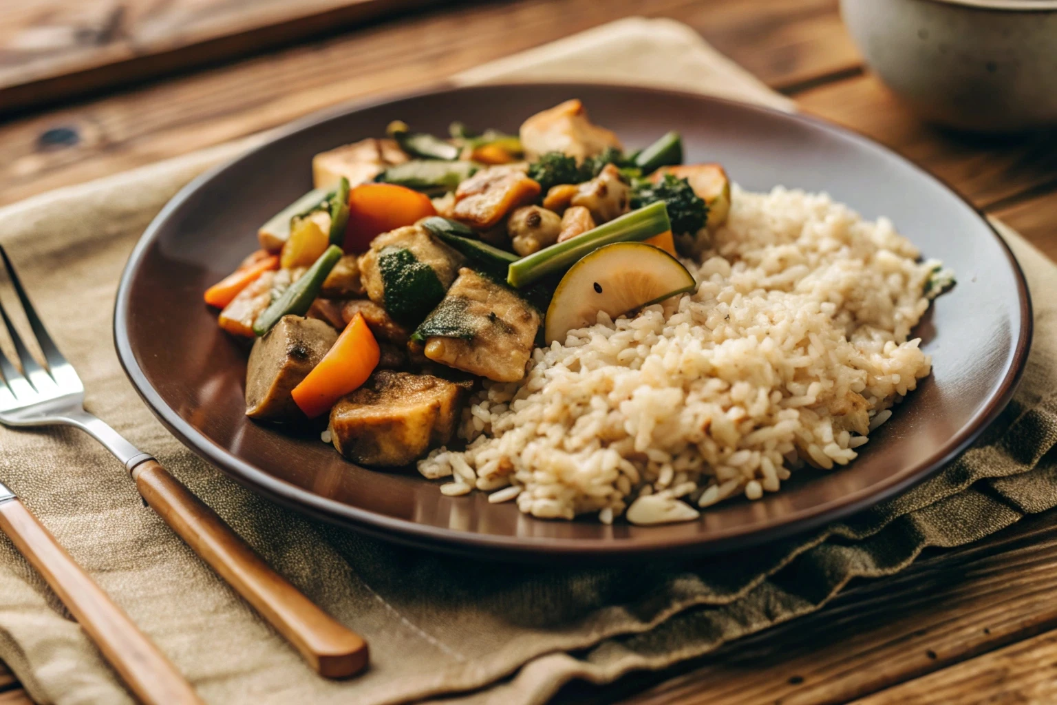 Prato com legumes cozidos, arroz e proteína