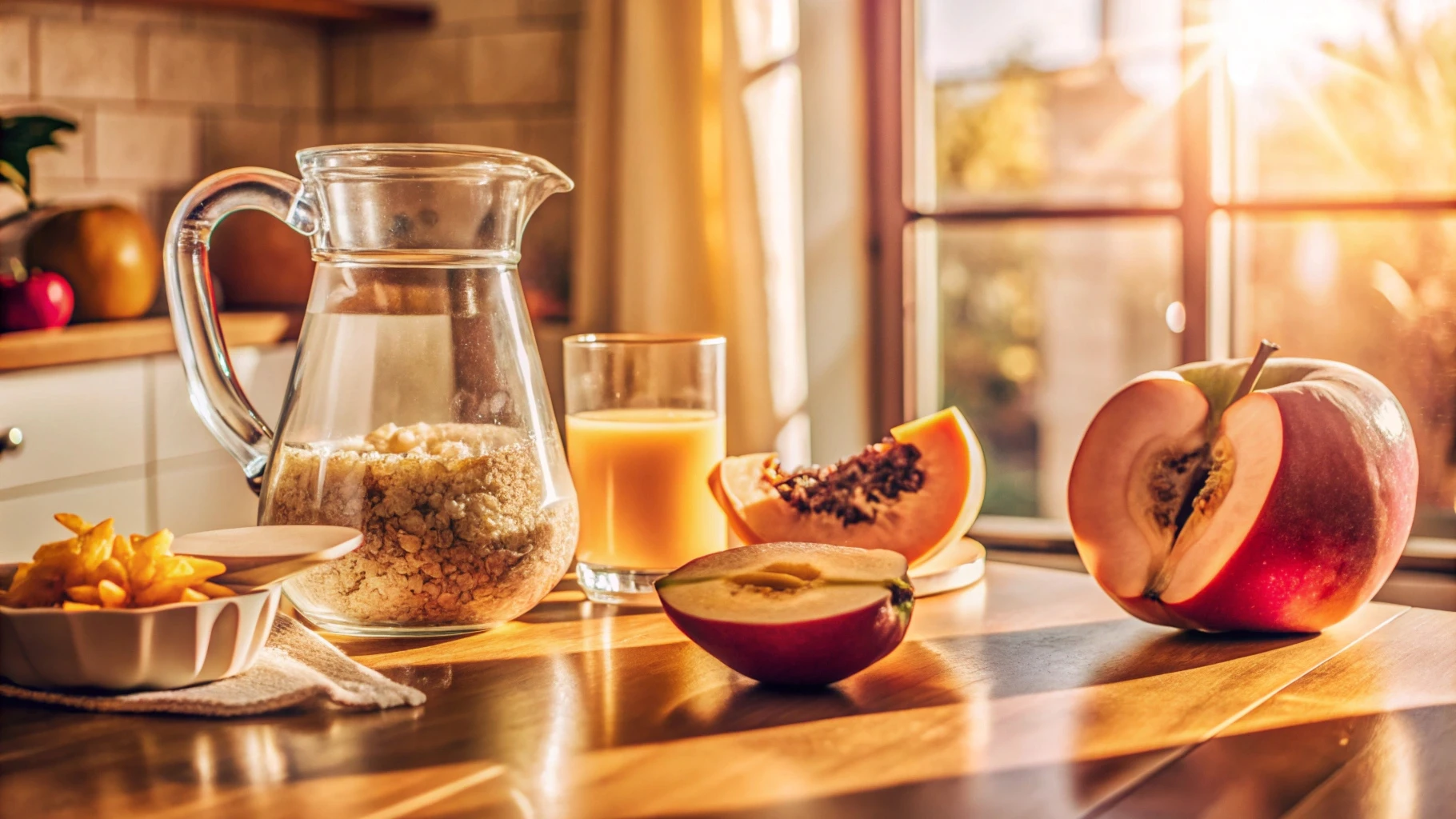 Copo de agua, frutas e graos integrais sobre a bancada