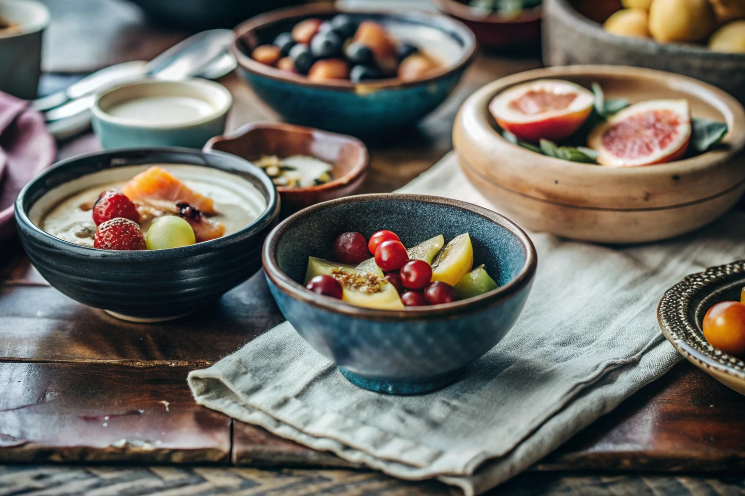 Frutas cortadas e papinha caseira sobre a mesa