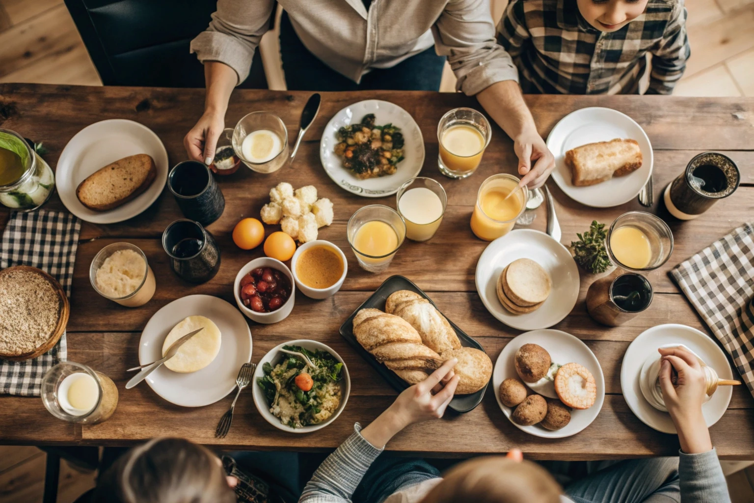 Mesa de refeição em família com pratos coloridos