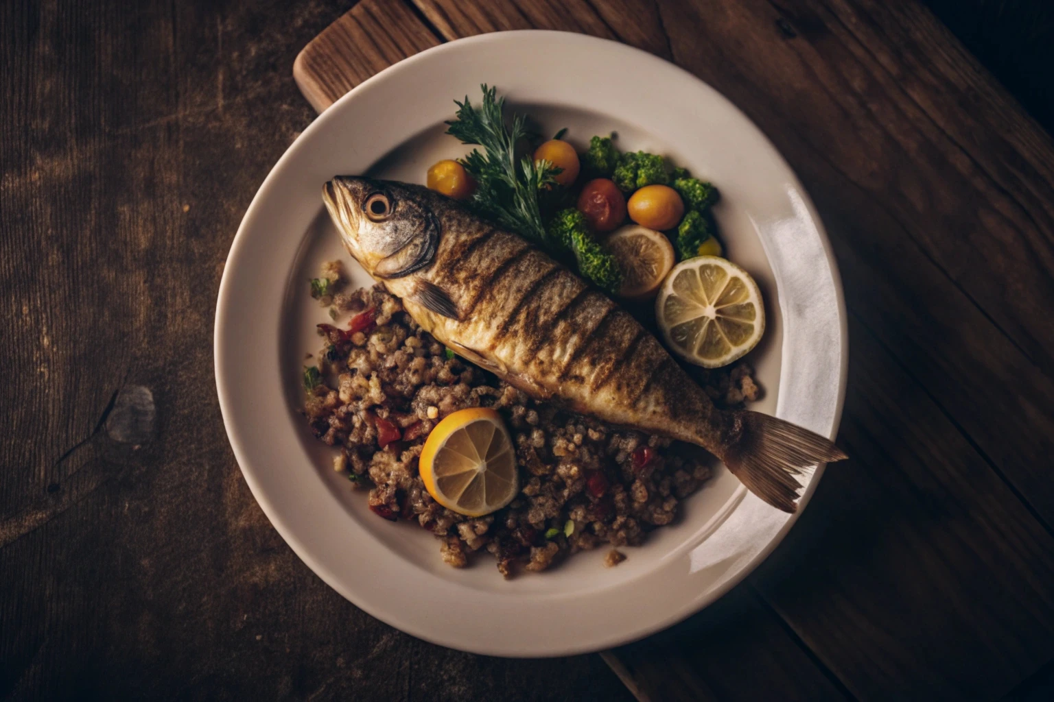 Prato com peixe, legumes e grãos integrais