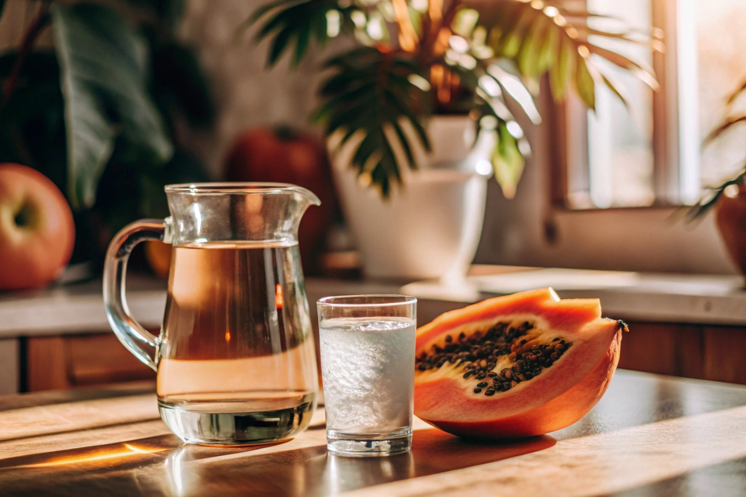 Copo de água e frutas sobre a bancada da cozinha