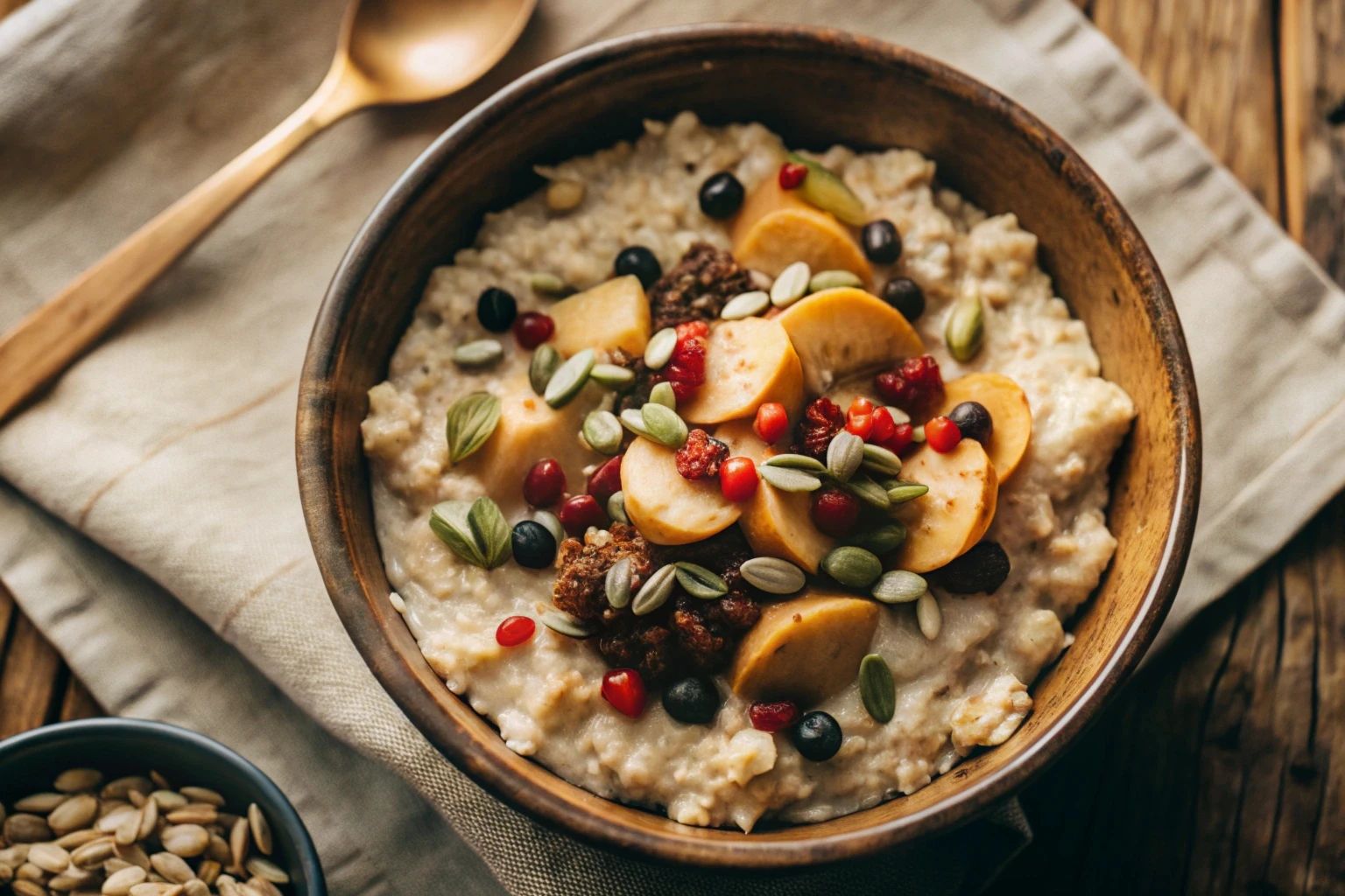 Tigela com aveia, frutas e sementes