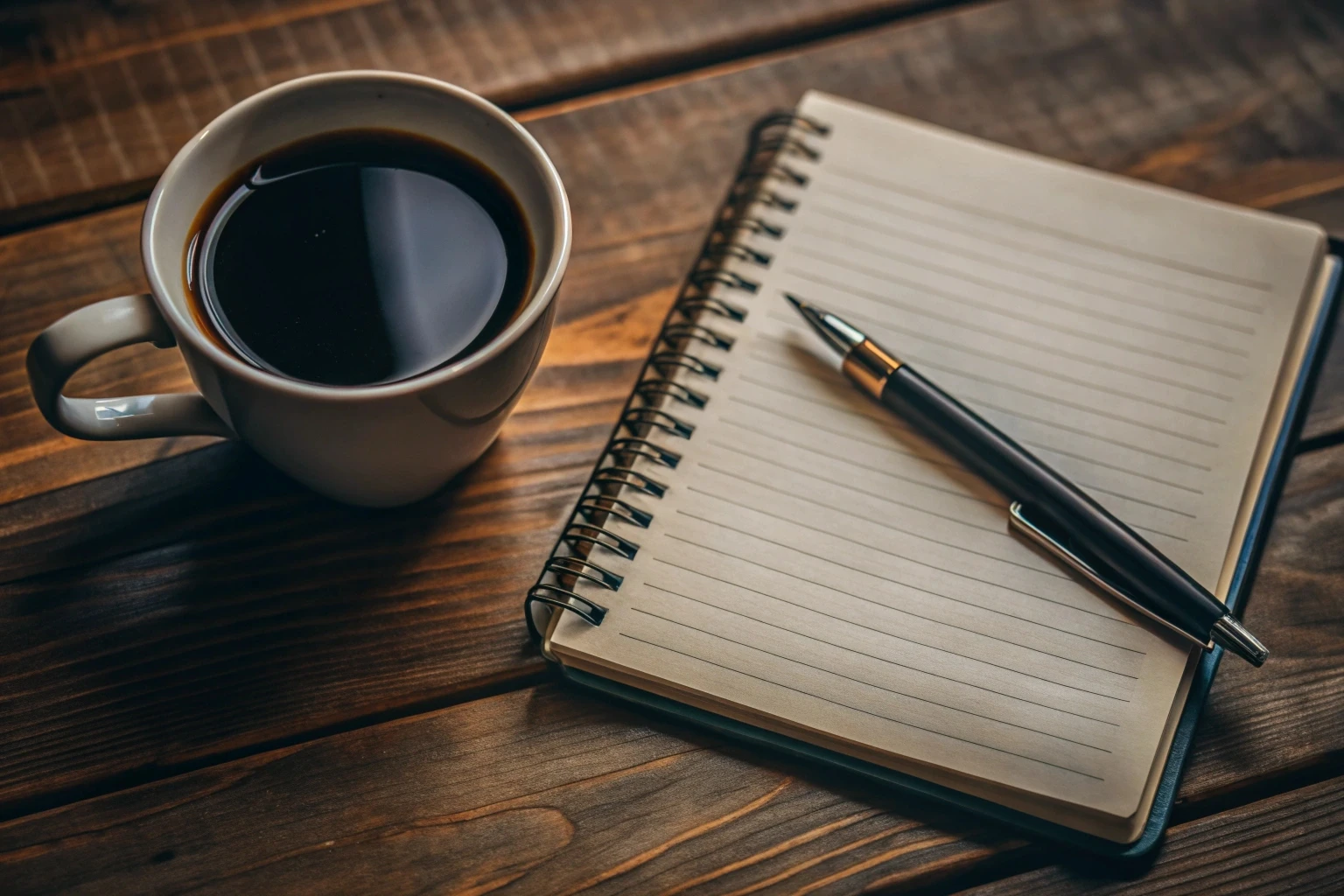 Caderno de anotações e xícara sobre a mesa do consultório