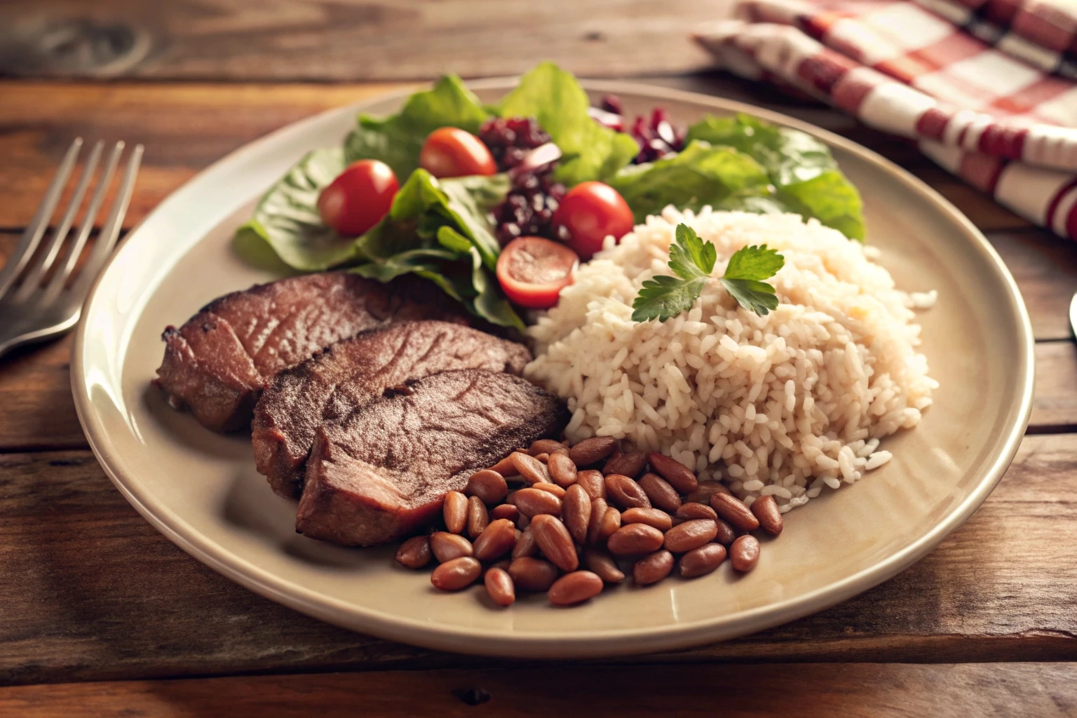 Prato montado em casa com arroz, feijão, carne e salada