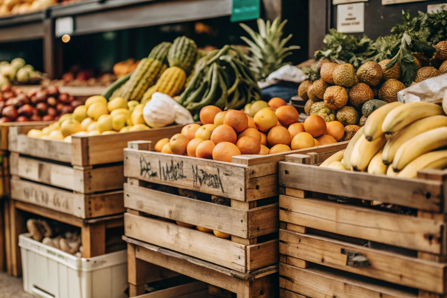 Feira de rua com bancas de frutas e verduras
